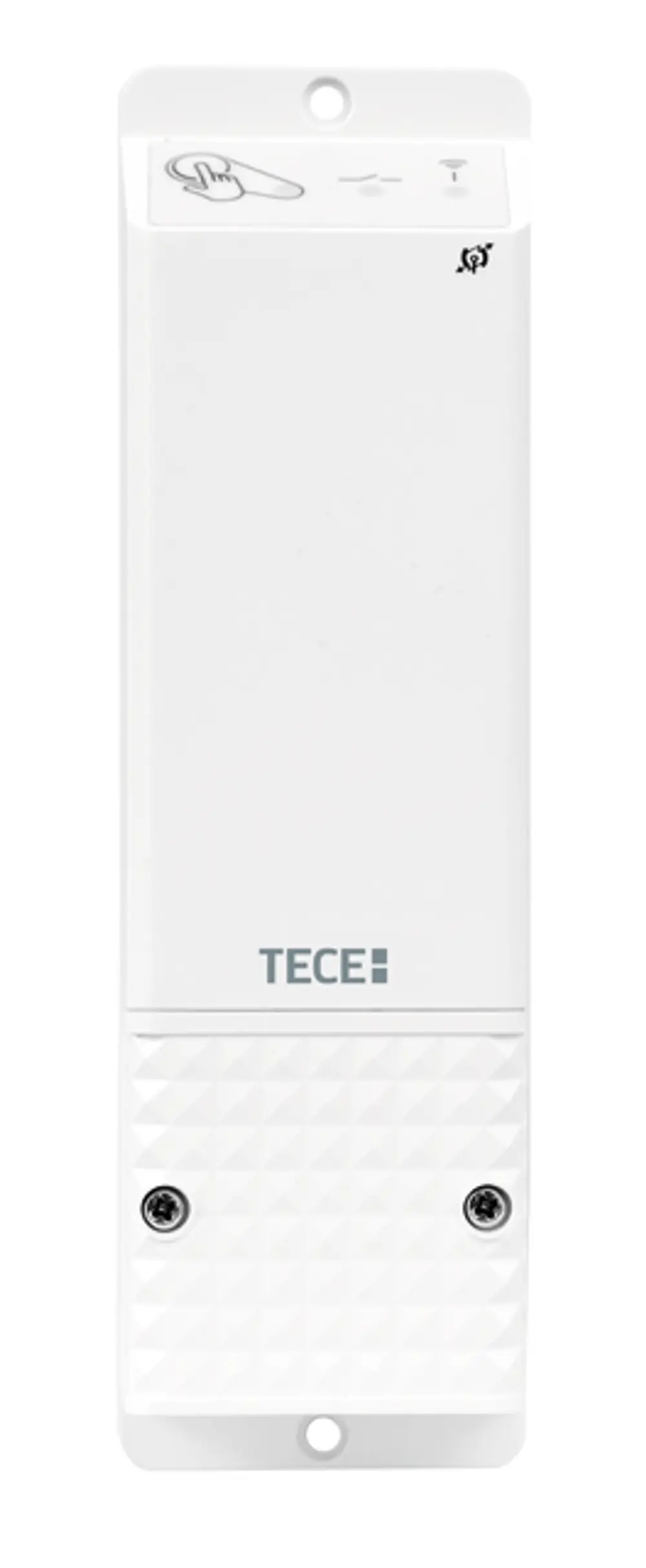 Schaltmodul von TECE in Weiß, mit einer Bedientaste und zwei Schraublöchern für die Wandmontage. Geometrische Oberfläche im unteren Bereich.